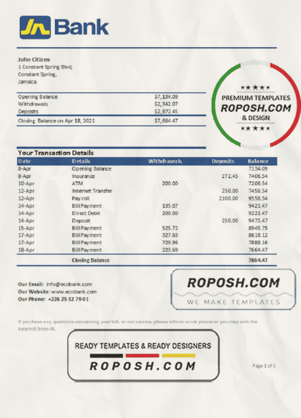 Jamaica National Bank statement easy to fill template in .xls and .pdf file format