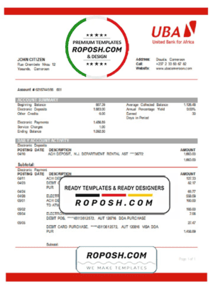 Cameroon UBA bank statement template in Word and PDF format