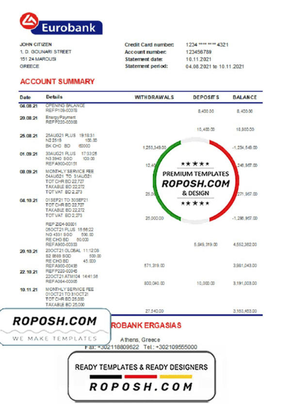 Greece Eurobank Ergasias bank statement easy to fill template in Excel and PDF format