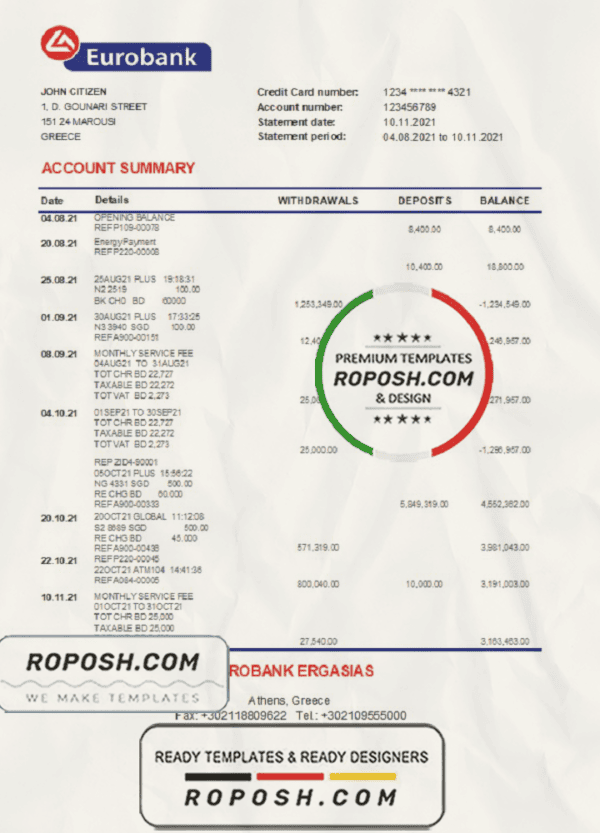 Greece Eurobank Ergasias bank statement easy to fill template in Excel and PDF format