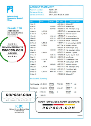China Industrial and Commercial Bank of China bank statement template in Excel and PDF format