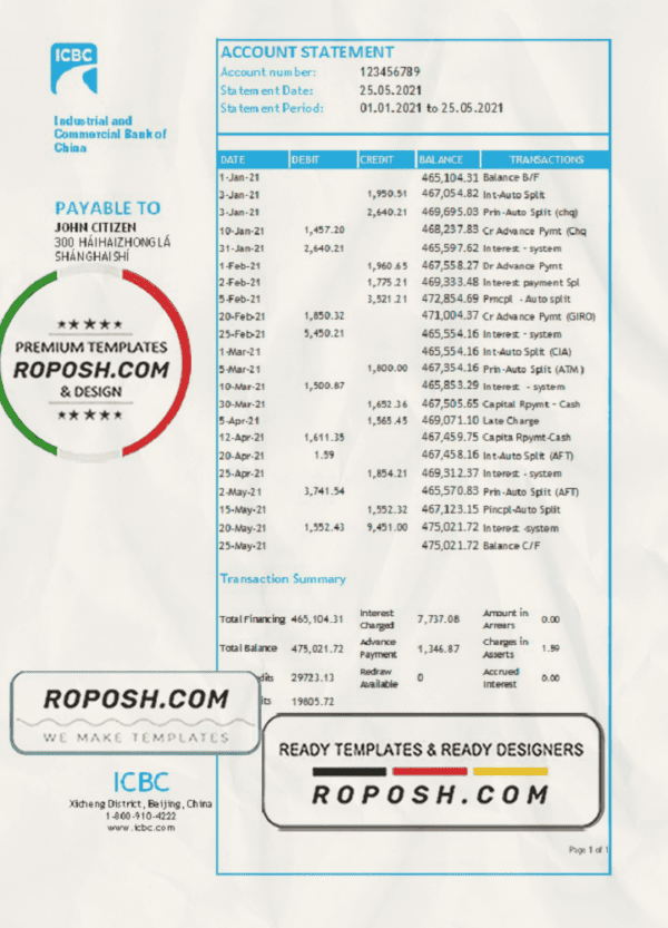 China Industrial and Commercial Bank of China bank statement template in Excel and PDF format