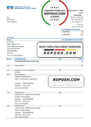 Germany Volksbank Jever statement template in Excel and PDF format