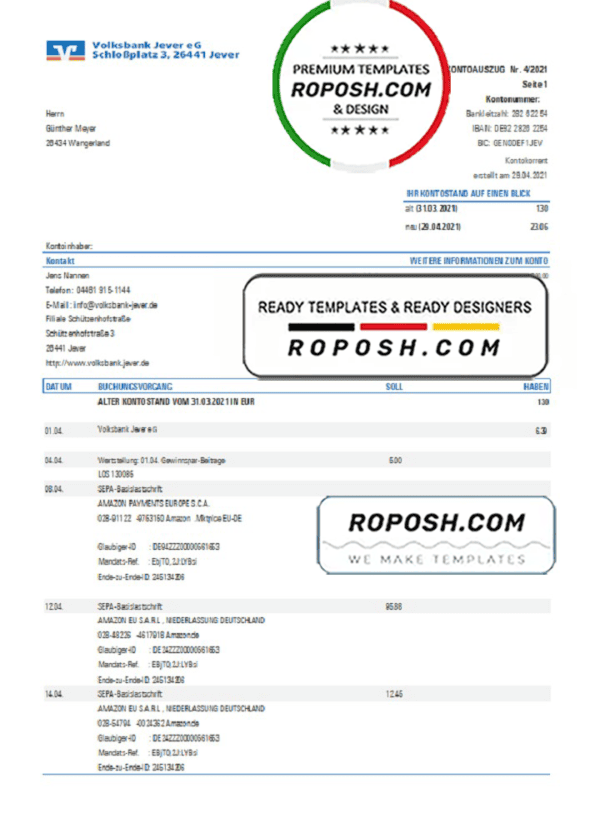 Germany Volksbank Jever statement template in Excel and PDF format
