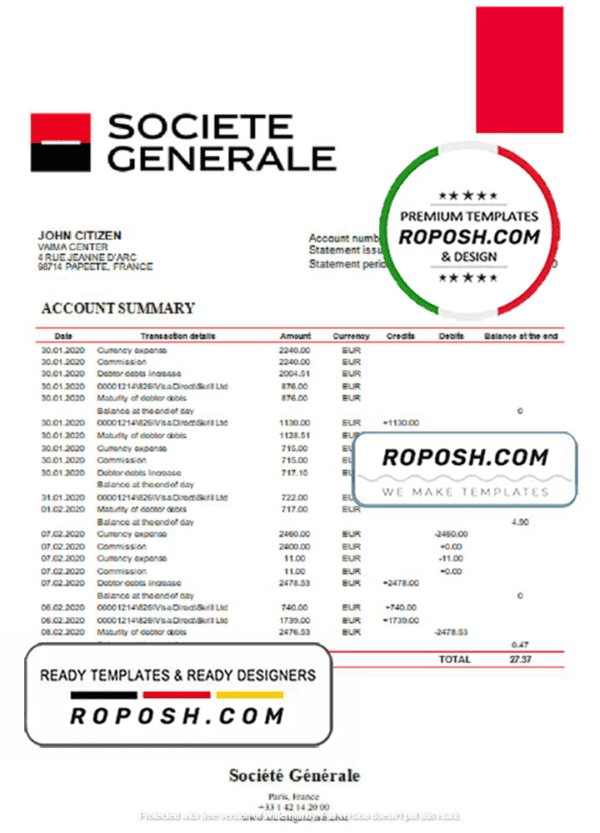 France Société Générale bank statement template in Word and PDF format