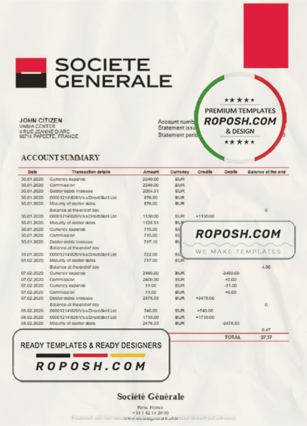 France Société Générale bank statement template in Word and PDF format