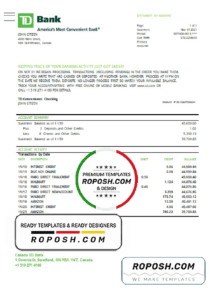 Canada TD Bank statement easy to fill template in Excel and PDF format (AutoSum)