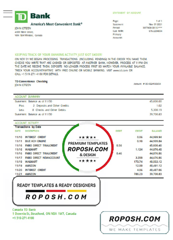 Canada TD Bank statement easy to fill template in Excel and PDF format (AutoSum)