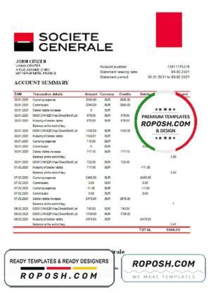France Société Générale bank statement template in Excel and PDF format