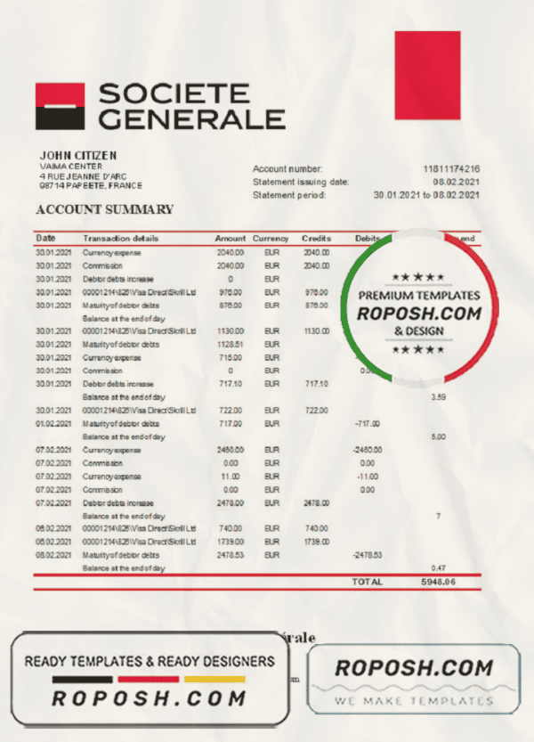 France Société Générale bank statement template in Excel and PDF format