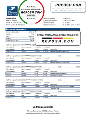 France La Banque Postale bank statement easy to fill template in .xls and .pdf file format