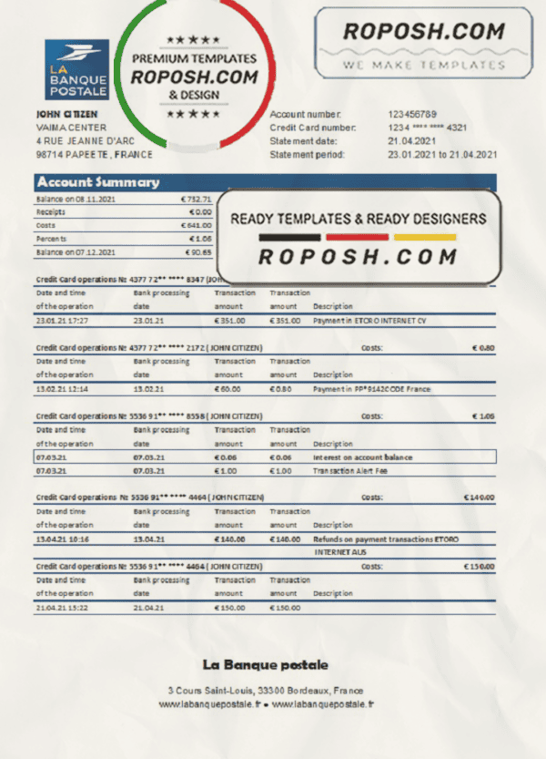 France La Banque Postale bank statement easy to fill template in .xls and .pdf file format