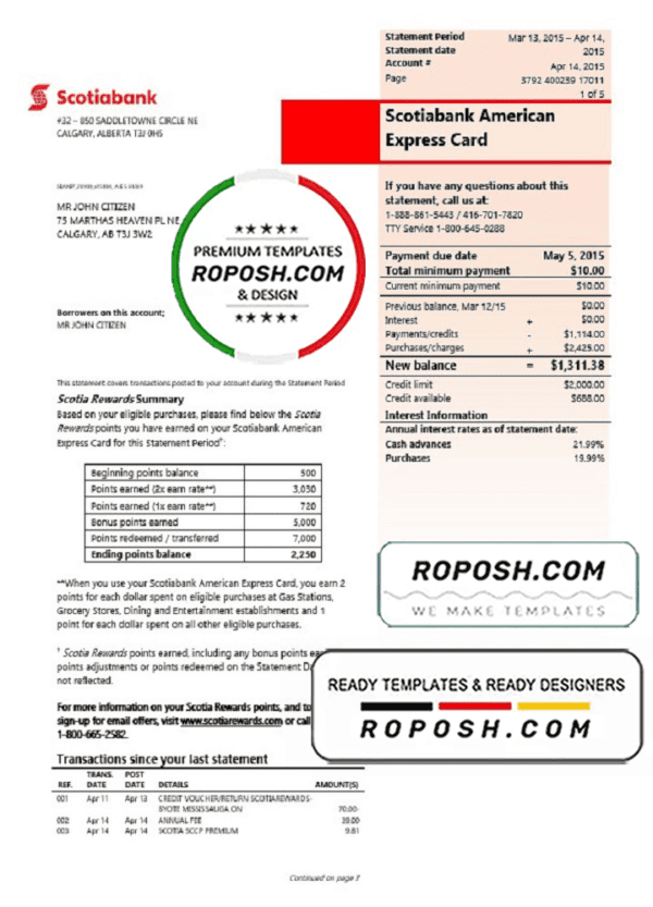 Canada Scotiabank proof of address statement template in Word and PDF format, (.doc and .pdf)