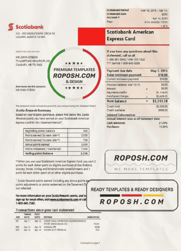 Canada Scotiabank proof of address statement template in Word and PDF format, (.doc and .pdf)