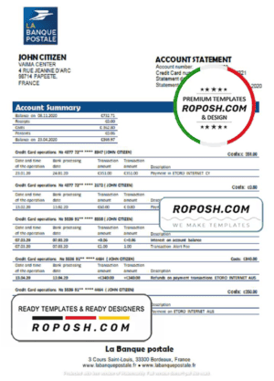 France La Banque Postale bank statement template in Word and PDF format