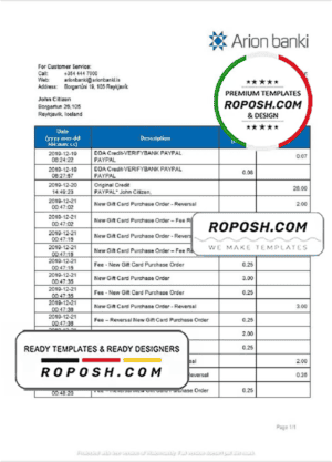 Iceland Arion Banki proof of address bank statement template in Word and PDF format