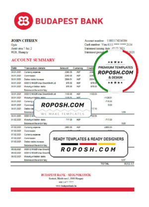 Hungary Budapest Bank – Szolnoki Fiók bank statement easy to fill template in .xls and .pdf file format