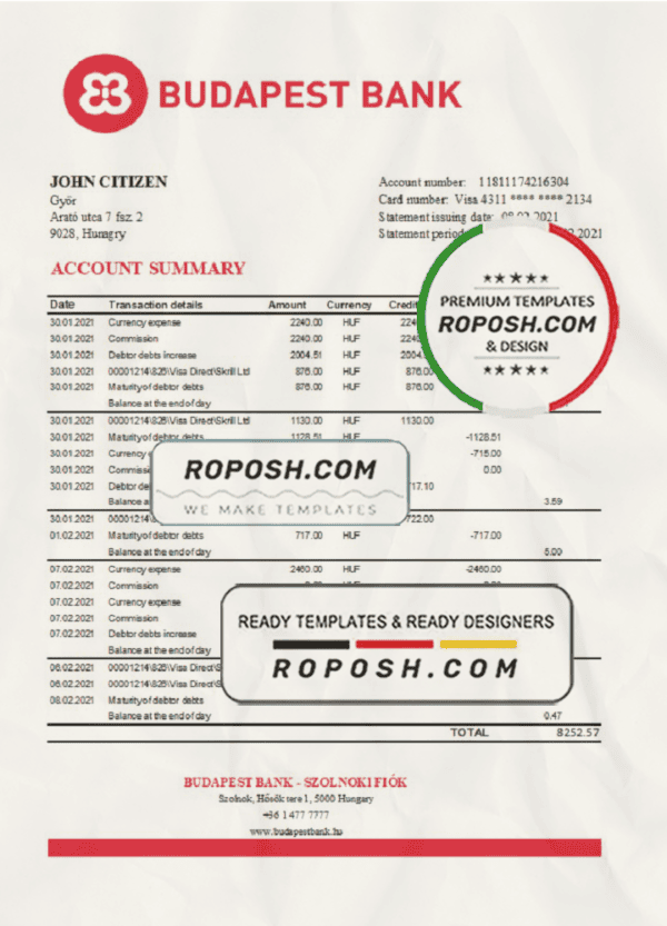 Hungary Budapest Bank – Szolnoki Fiók bank statement easy to fill template in .xls and .pdf file format