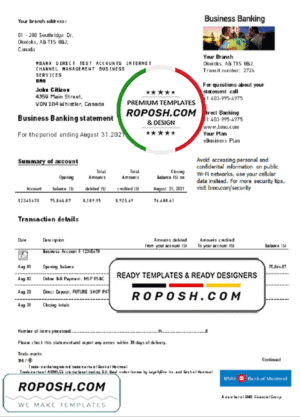 Canada BMO Bank of Montreal Bank proof of address statement template in Word and PDF format (.doc and .pdf)