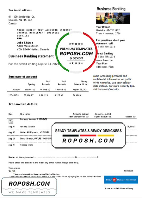 Canada BMO Bank of Montreal Bank proof of address statement template in Word and PDF format (.doc and .pdf)