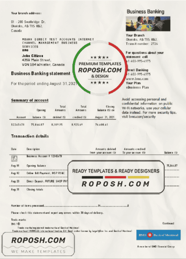 Canada BMO Bank of Montreal Bank proof of address statement template in Word and PDF format (.doc and .pdf)