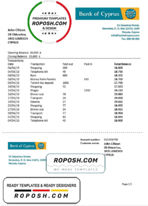 Cyprus Bank of Cyprus proof of address bank statement template in Word and PDF format