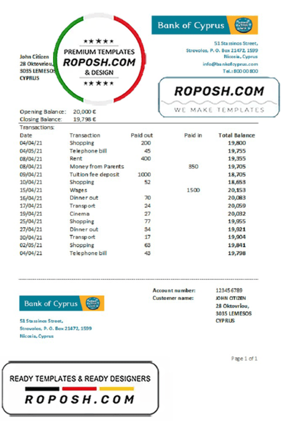 Cyprus Bank of Cyprus bank statement easy to fill template in .xls and .pdf file format