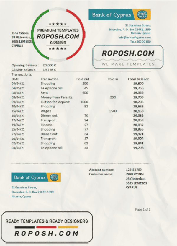 Cyprus Bank of Cyprus bank statement easy to fill template in .xls and .pdf file format