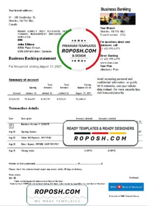 Canada BMO Bank of Montreal bank statement easy to fill template in .xls and .pdf file format (AutoSum)
