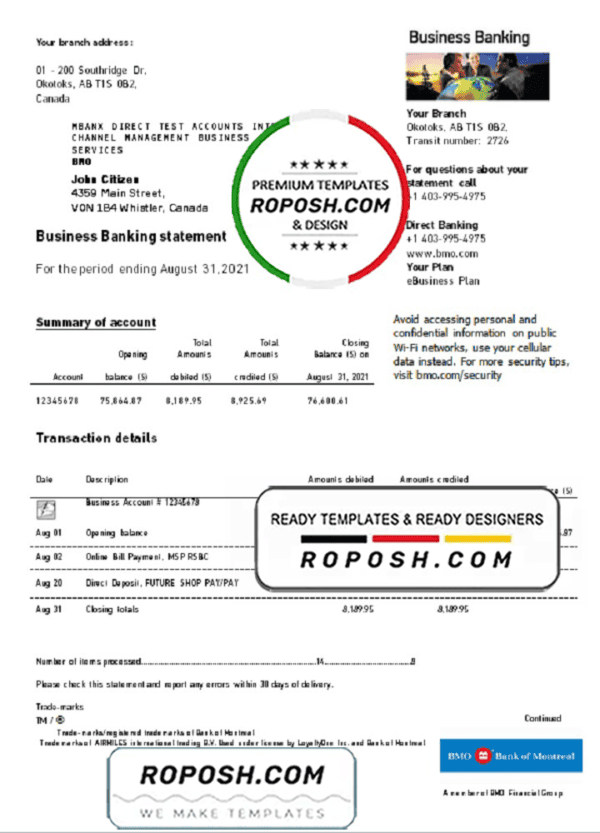 Canada BMO Bank of Montreal bank statement easy to fill template in .xls and .pdf file format (AutoSum)