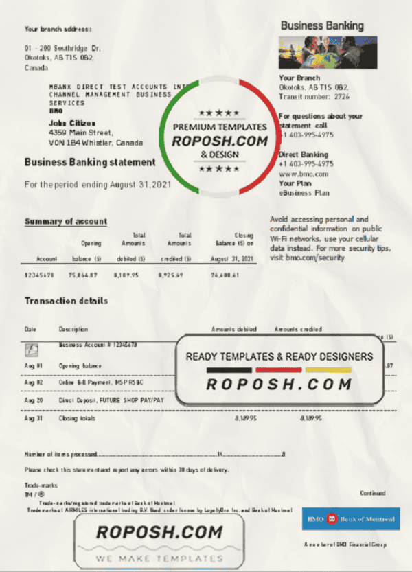 Canada BMO Bank of Montreal bank statement easy to fill template in .xls and .pdf file format (AutoSum)