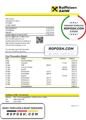 Croatia Raiffeisen Bank statement easy to fill template in .xls and .pdf file format