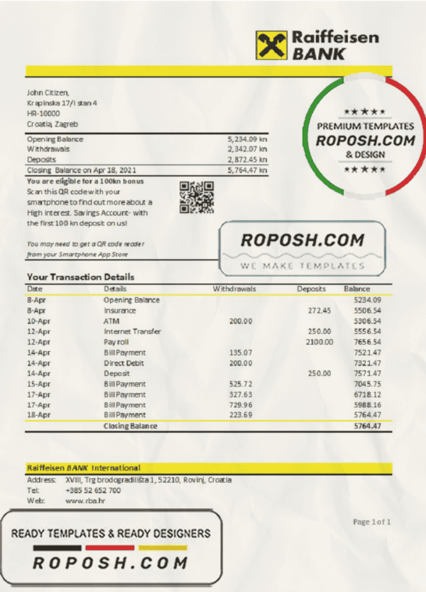 Croatia Raiffeisen Bank statement easy to fill template in .xls and .pdf file format