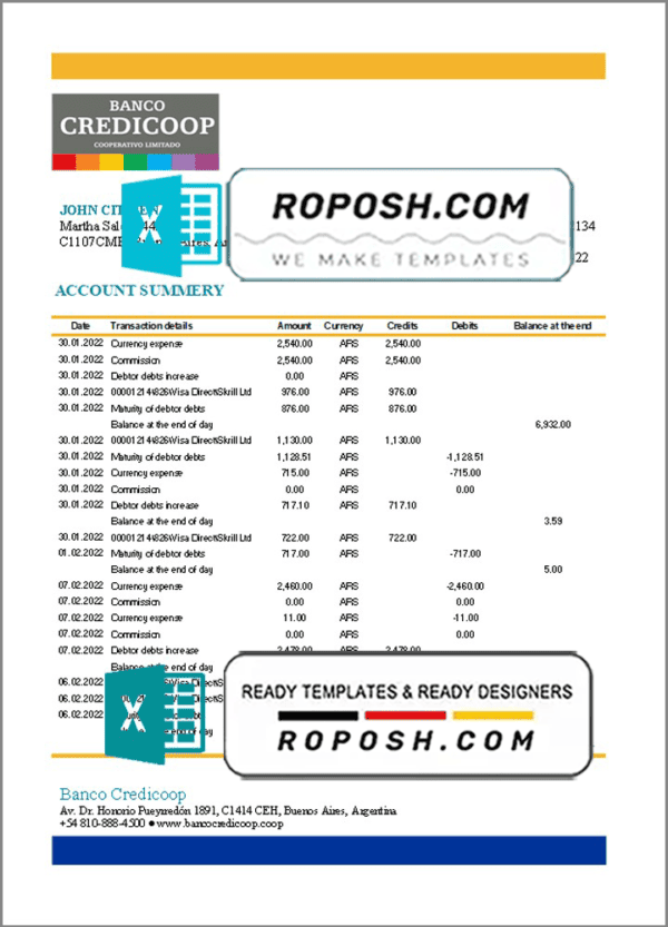 Argentina Banco Credicoop bank statement template in Excel and PDF format