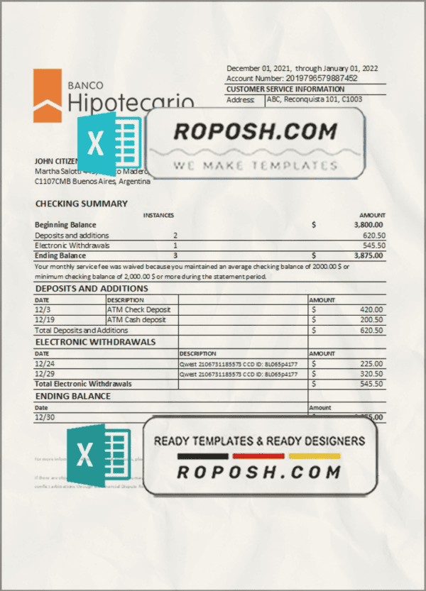 Argentina Banco Hipotecario bank statement template in Excel and PDF format