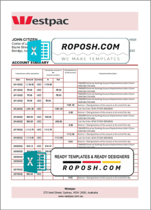 Australia Westpac bank statement template in Excel and PDF format