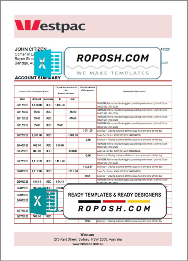 Australia Westpac bank statement template in Excel and PDF format
