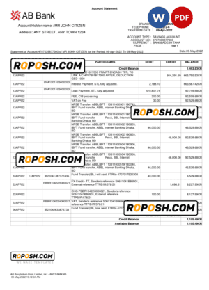 Bangladesh AB bank statement template, Word and PDF format