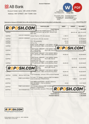 Bangladesh AB bank statement template, Word and PDF format | roposh