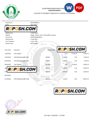Bangladesh Islami bank statement, Word and PDF template