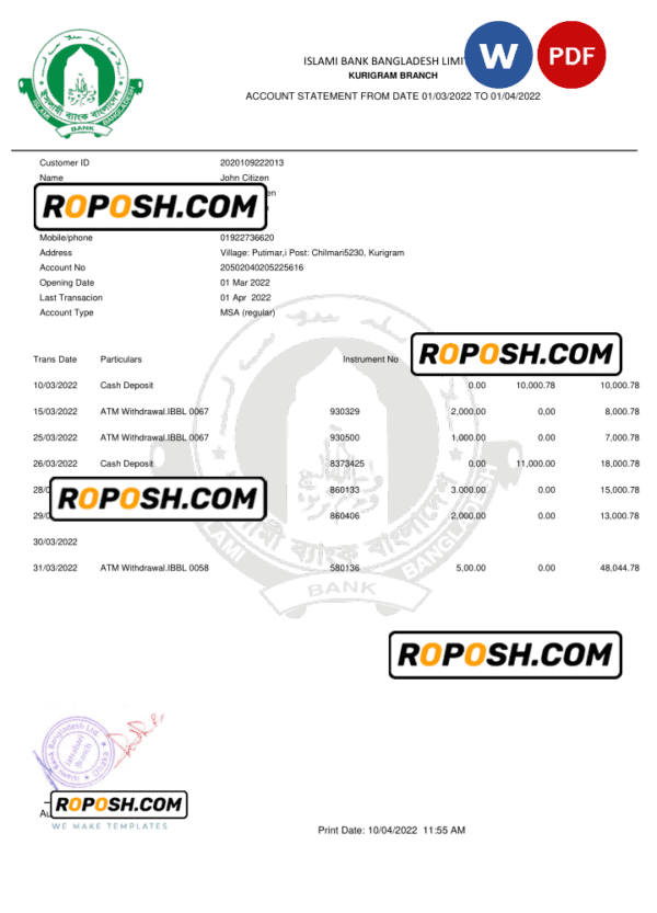Bangladesh Islami bank statement, Word and PDF template