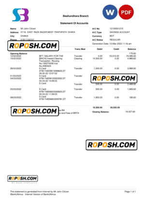 Bangladesh SB bank statement, Word and PDF template