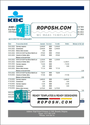 Belgium KBC bank statement template in Excel and PDF format