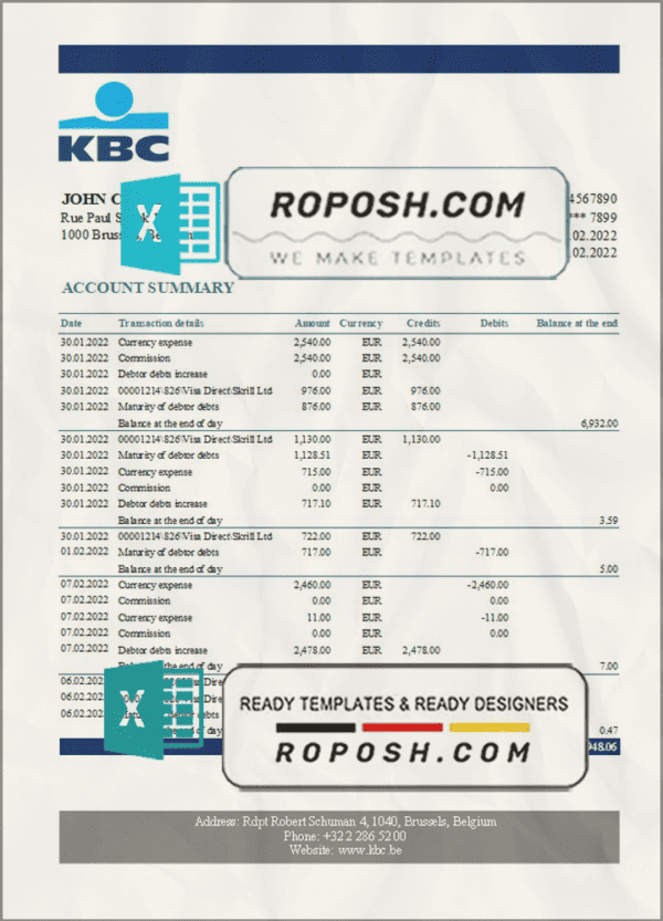 Belgium KBC bank statement template in Excel and PDF format