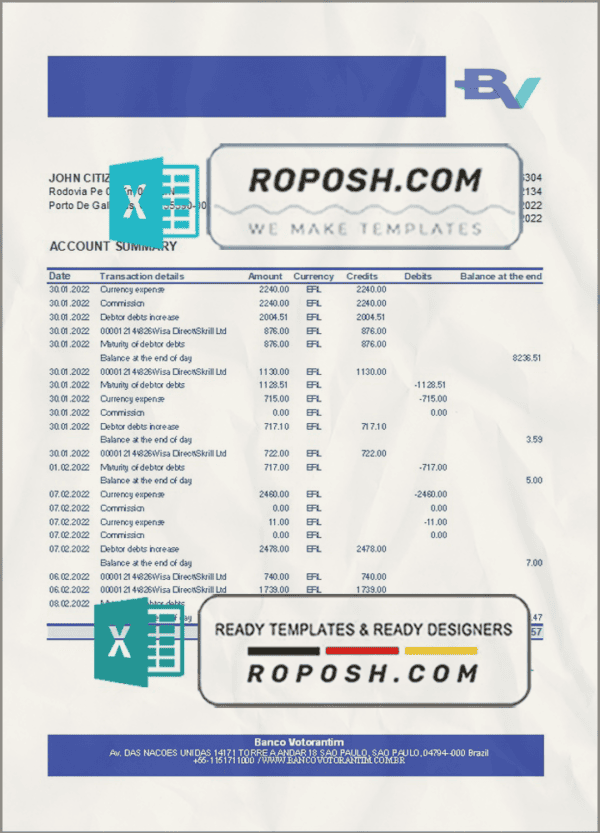 Brazil Banco Votorantim bank statement template in Excel and PDF format