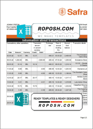 Brazil Safra bank statement template in Excel and PDF format