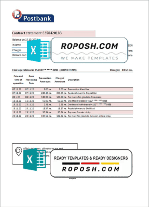 Bulgaria Postbank bank statement template in Excel and PDF format