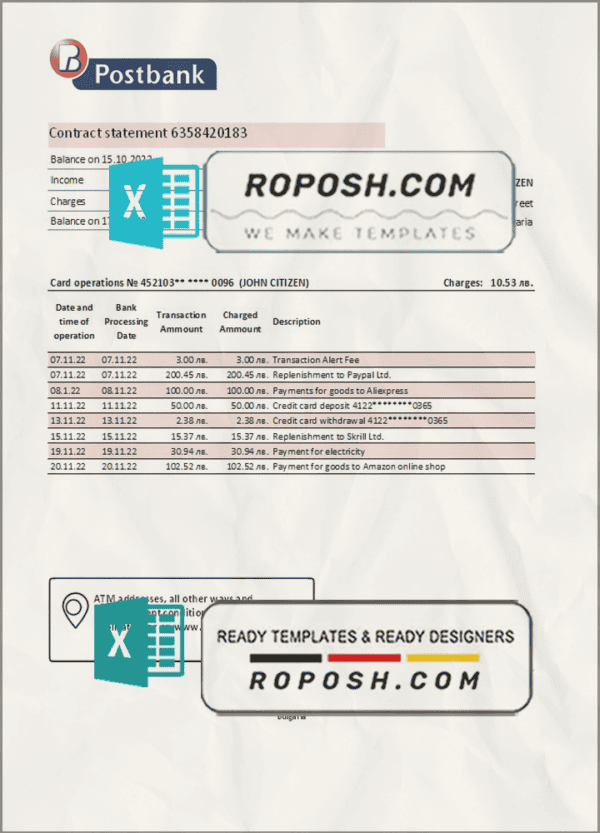 Bulgaria Postbank bank statement template in Excel and PDF format