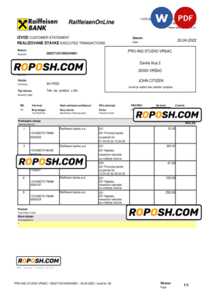 Bulgaria Raiffeisen bank statement, Word and PDF template