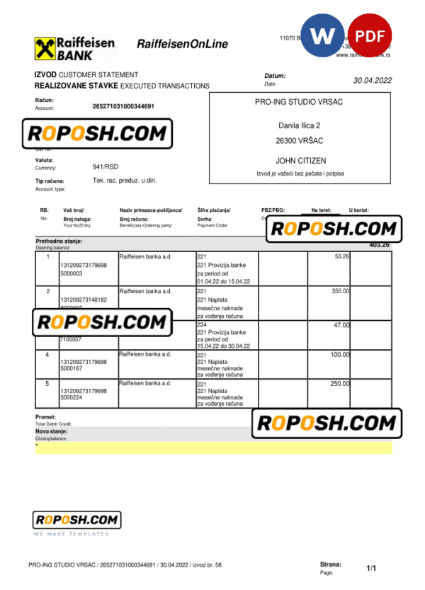 Bulgaria Raiffeisen bank statement, Word and PDF template
